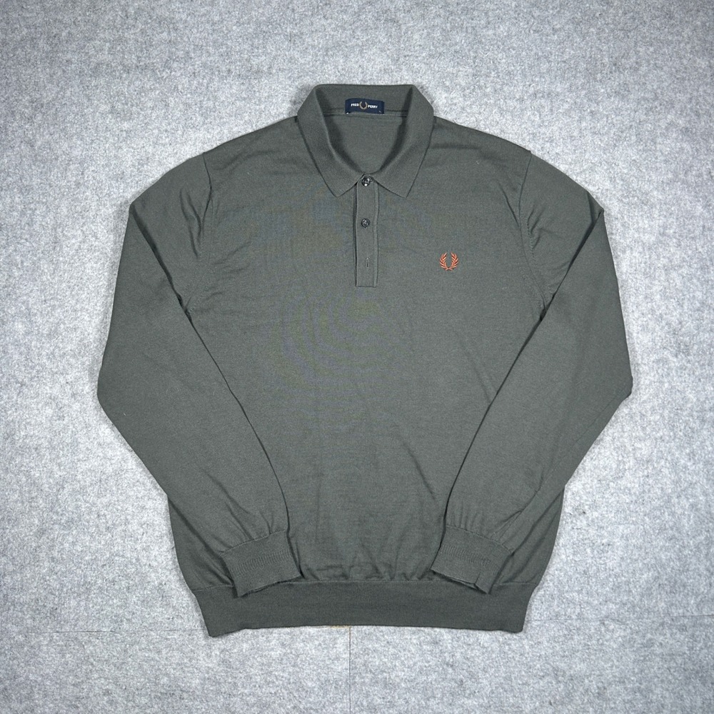 Fred Perry Long Sleeve Polo Shirt Mens XL Green Wool knit collared preppy luxury
